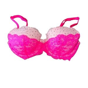 Victoria’s Secret Dream Angels Lined Demi Bra 34B Pink Lace Rhinestones Bling